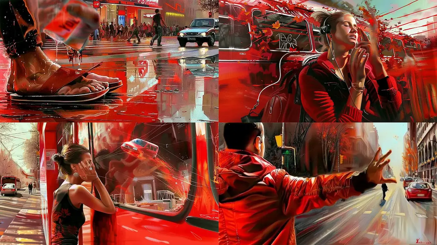 Dynamic urban scenes with vibrant expressionistic elements - Midjourney sref style