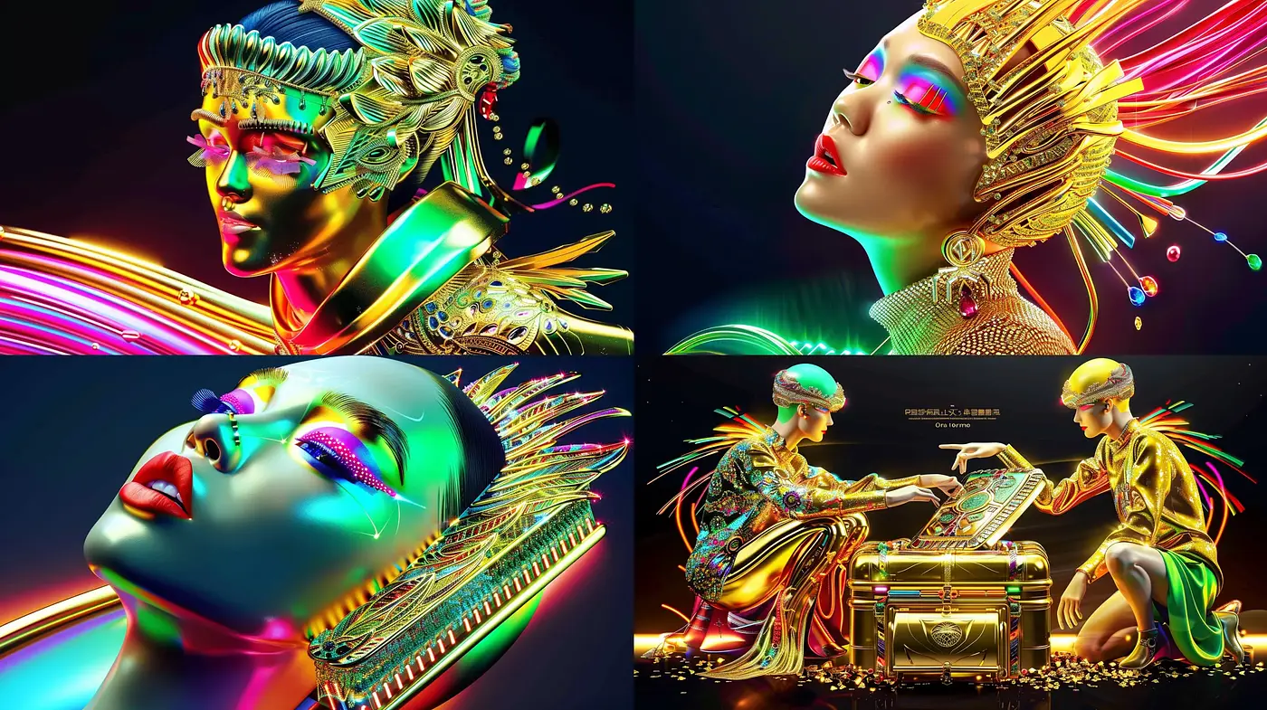 Luminous Cybernetic Renaissance: A Fusion of Metallic Brilliance and Neon Spectra - Midjourney sref style