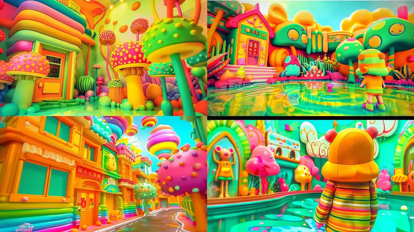 Vibrant Whimsical Landscape with Playful Forms and Patterns - Midjourney sref style