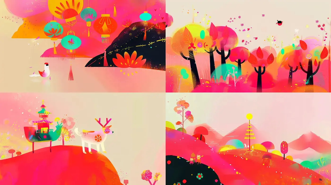 Vibrant Whimsical Landscapes with a Playful Aesthetic - Midjourney sref style