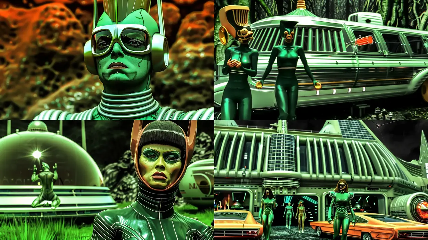 Retrofuturism Reimagined with a Surreal Neon Twist - Midjourney sref style