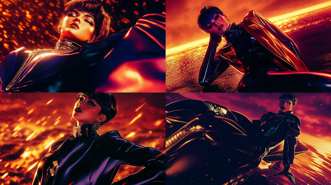 Fiery Dystopian Elegance: A Homage to Neo-Noir Aesthetics - Midjourney sref style