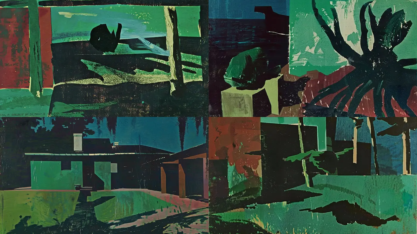 Abstract Expressionist Fusion with Textured Overtones in Deep Greens and Reds - Midjourney sref style