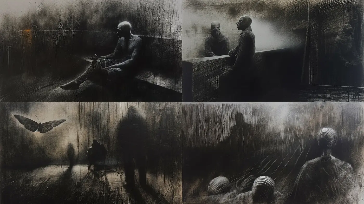 Ethereal Monochrome Dreamscape in Charcoal - Midjourney sref style