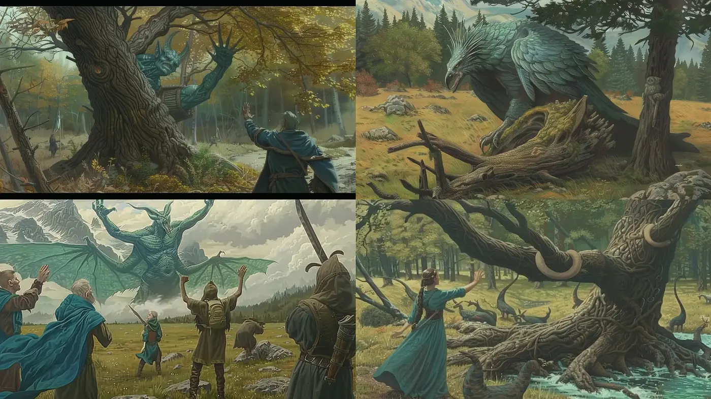Epic Fantasy Saga: A Collection of Mythical Encounters in Enchanted Wilderness - Midjourney sref style
