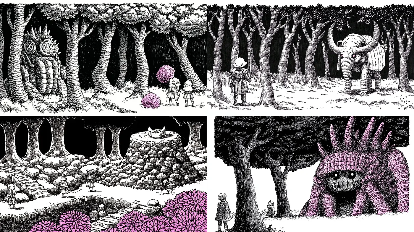 Enigmatic Monochromatic Woodland: A Cross-Hatch Fantasy - Midjourney sref style