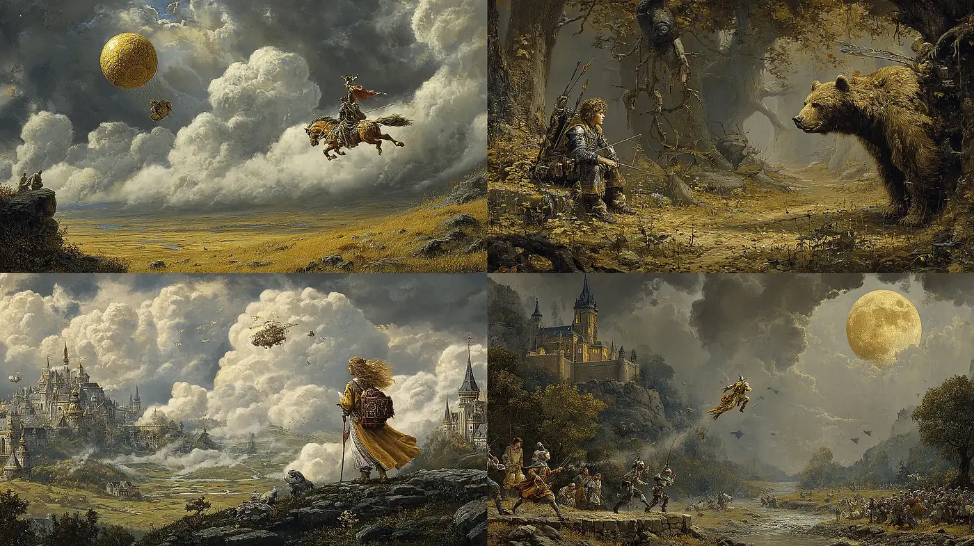 Ethereal landscapes infused with whimsical narratives - Midjourney sref style
