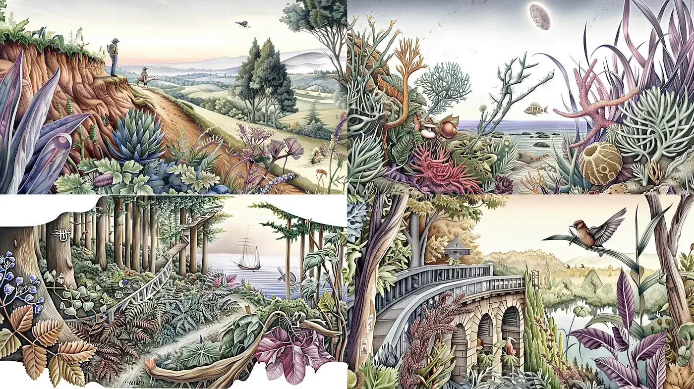 Lush and Detailed Illustrative Landscapes with a Whimsical Touch - Midjourney sref style