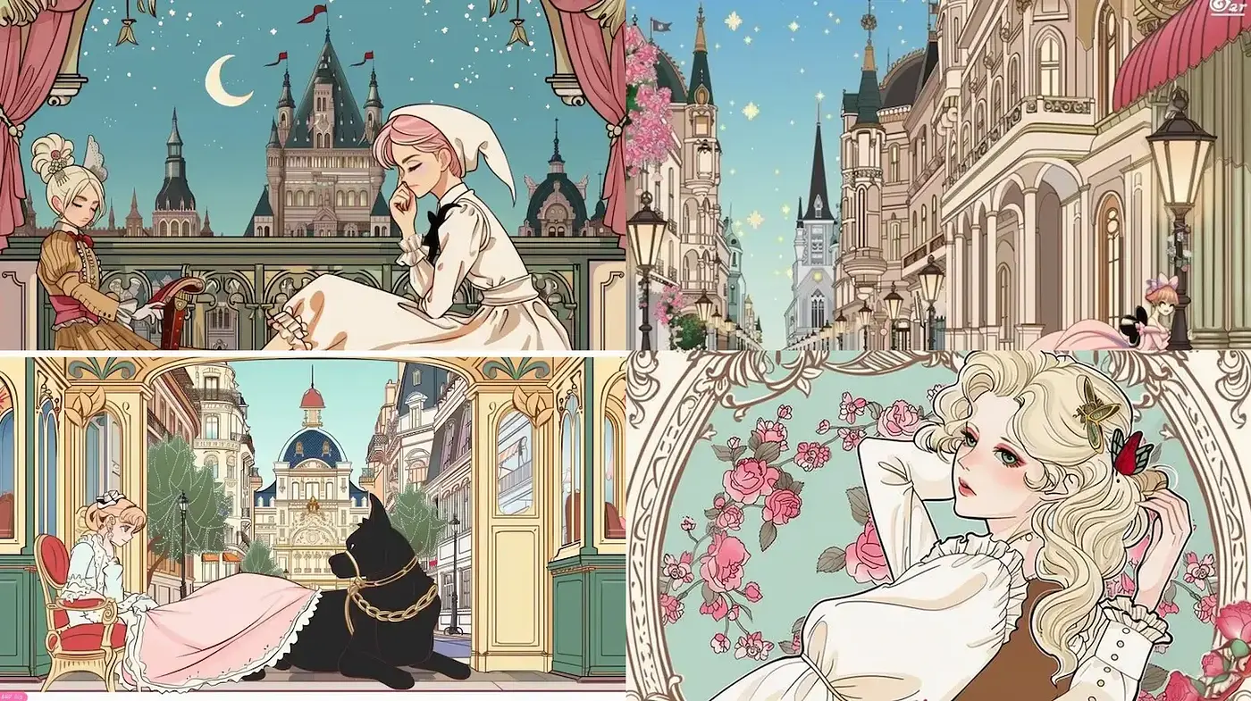 Elegant European Fantasy in Pastel Anime Dreamscape - Midjourney sref style