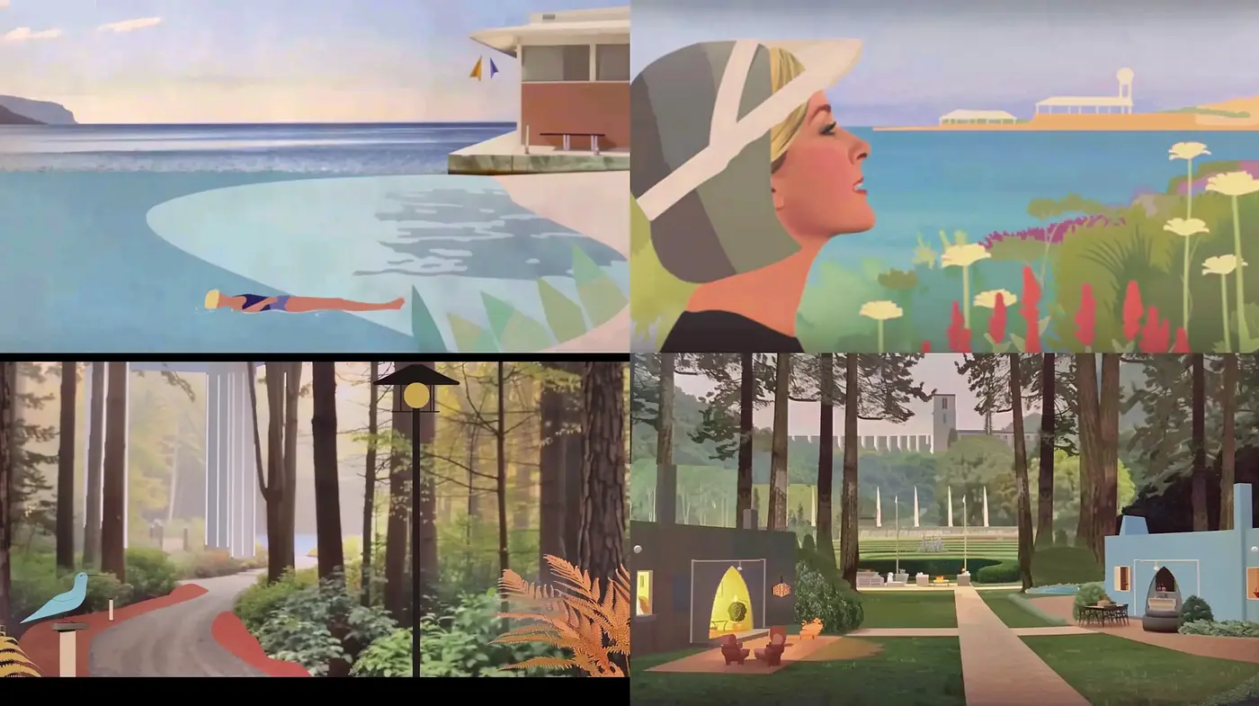 Serene Mid-Century Modern Illustrative Tapestry - Midjourney sref style