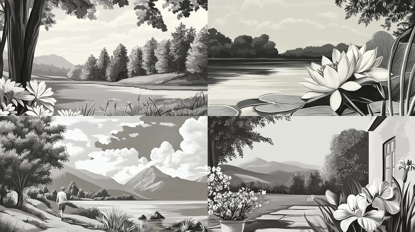 Monochromatic Serenity: A Homage to Classic Landscape Paintings - Midjourney sref style