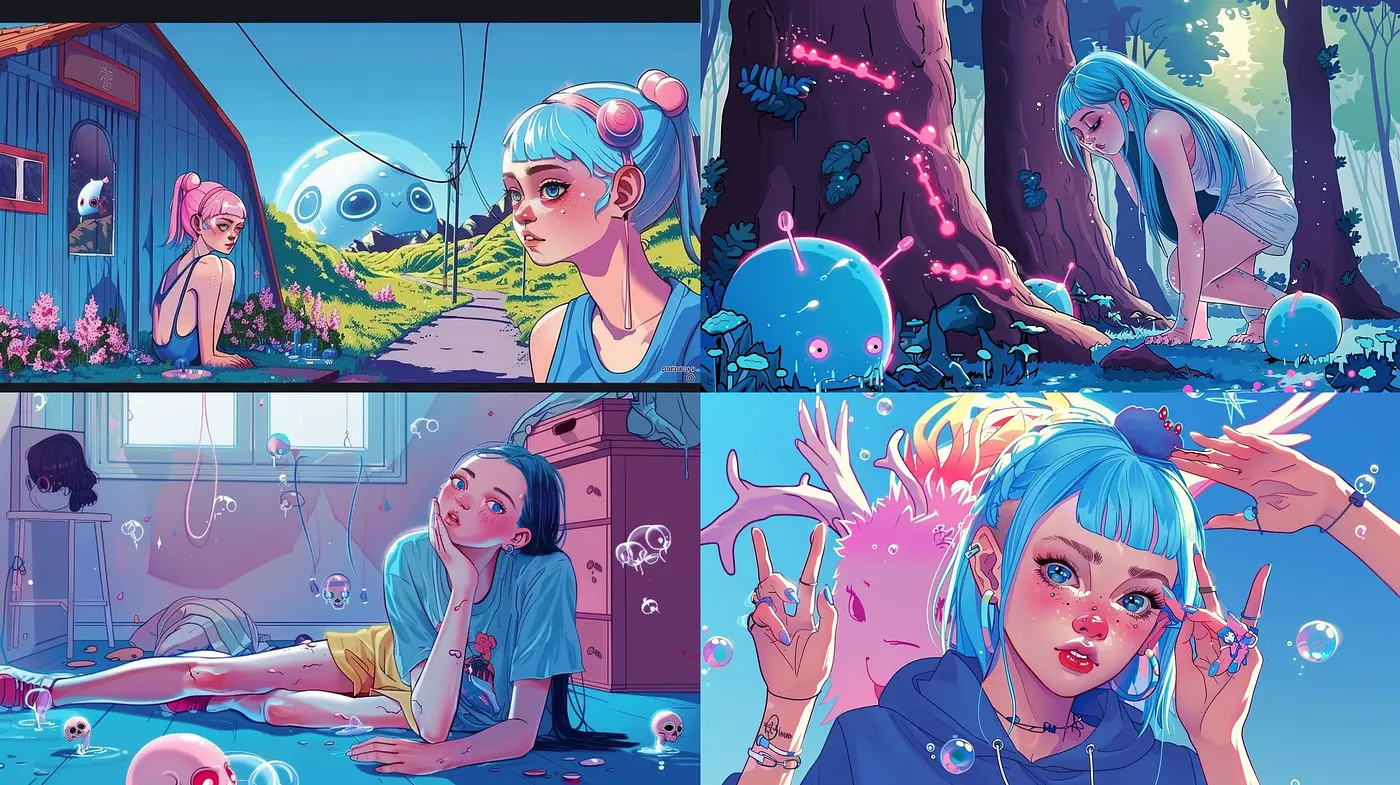 Ethereal Dreamscapes: A Synthesis of Surreal Color and Whimsy in a Manga-inspired Universe - Midjourney sref style