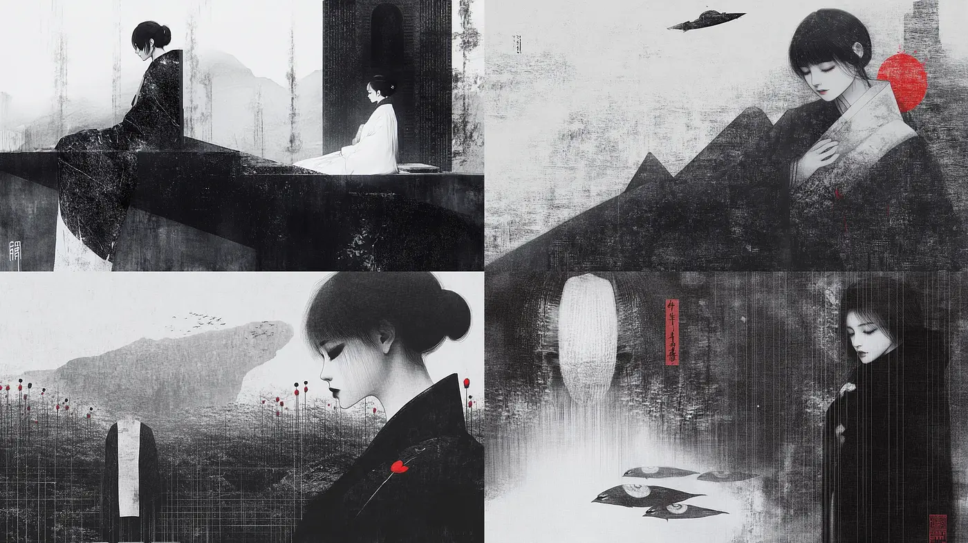 Monochromatic Elegance with Pops of Red: A Homage to Asian Ink Wash Painting - Midjourney sref style