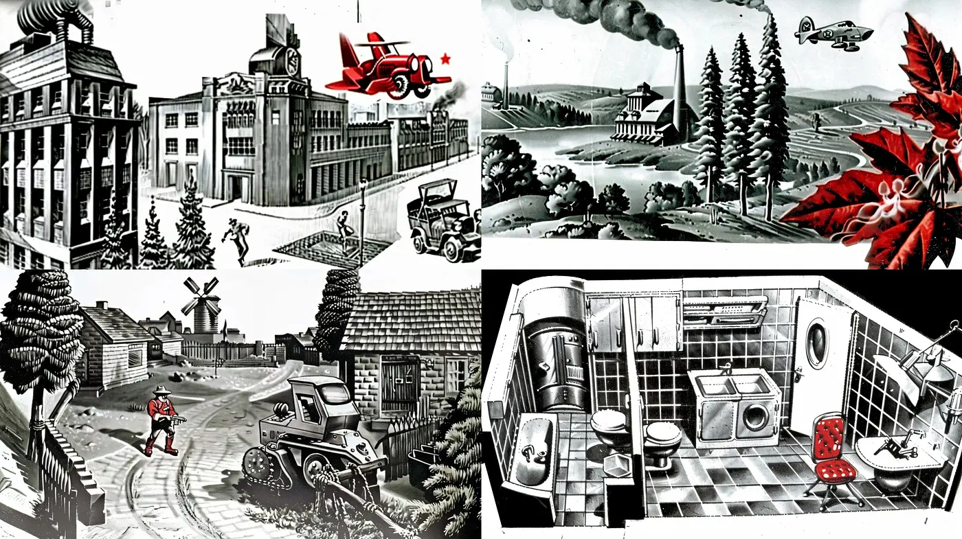 Monochromatic Nostalgia in Stylized Industrial Age Imagery - Midjourney sref style