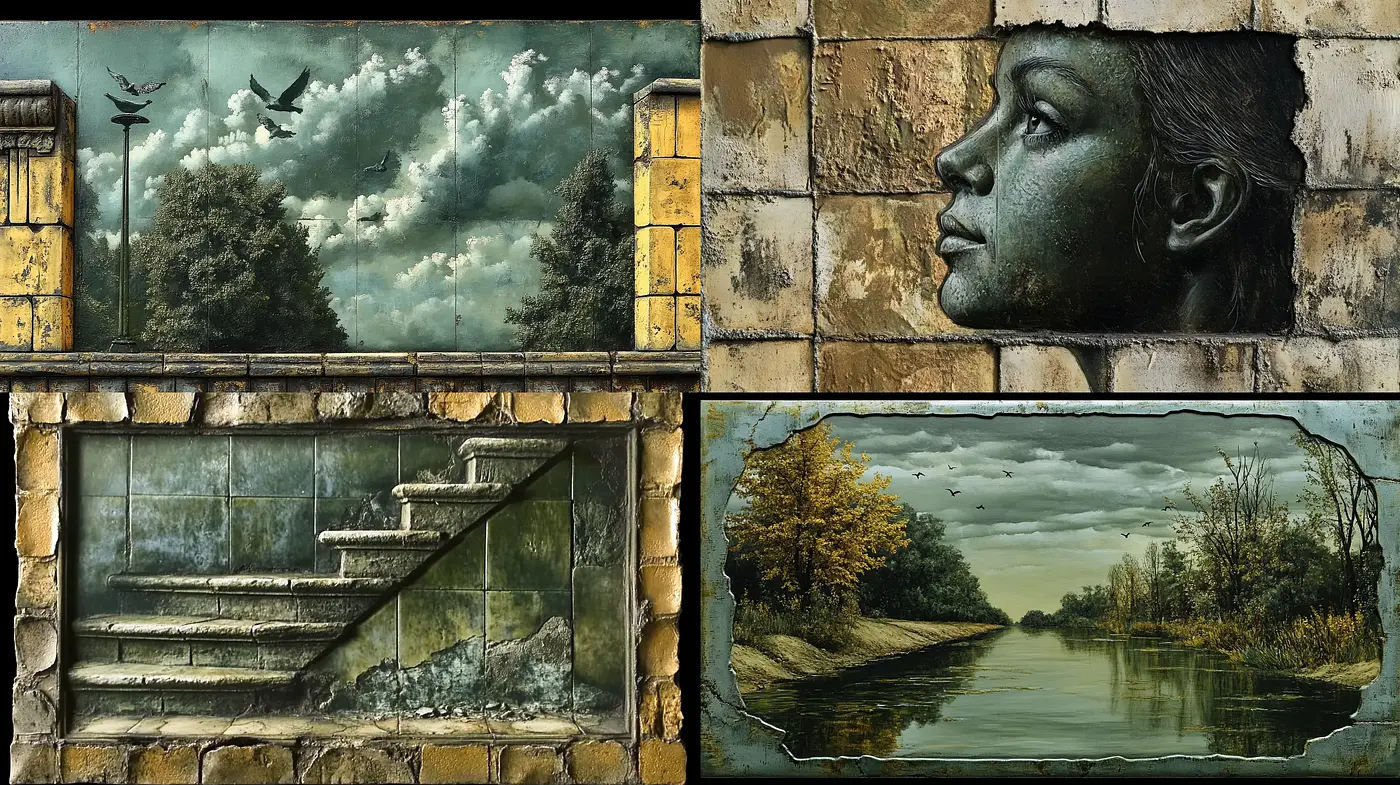 Aged Frescoes: Time-Weathered Murals with an Eerie Realism - Midjourney sref style