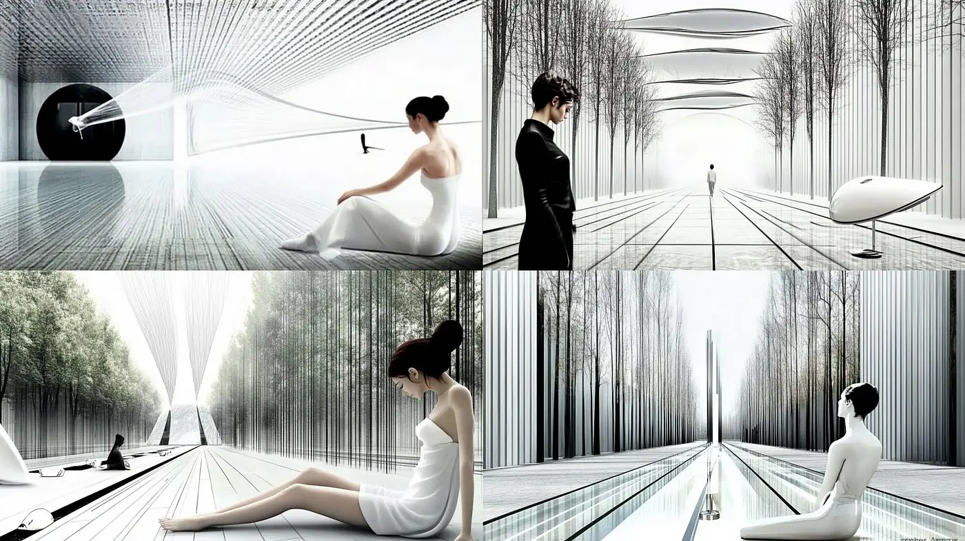 Futuristic Serenity: A Harmony of Monochrome and Modernism - Midjourney sref style
