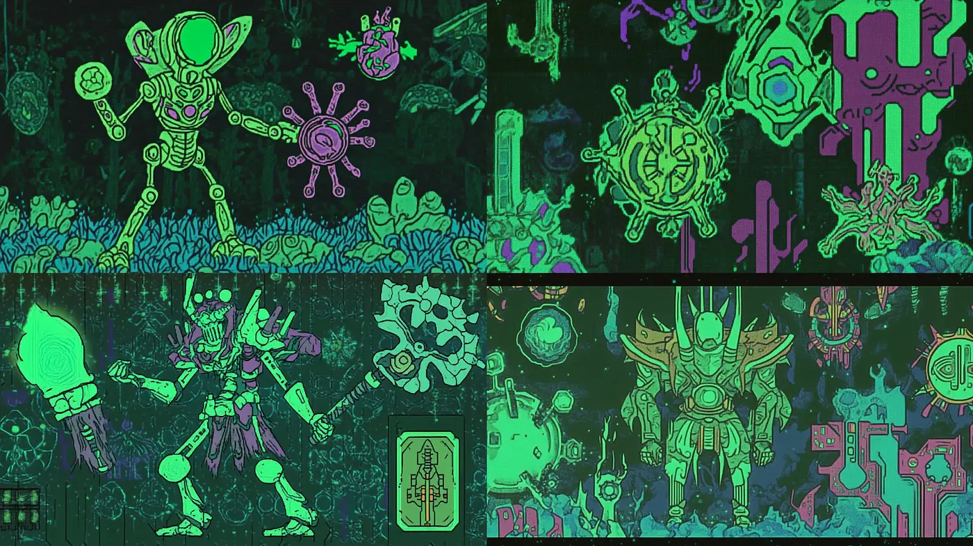 Neon Cybernetic Dreamscape: A Digital Fusion of Sci-Fi and Psychedelia - Midjourney sref style