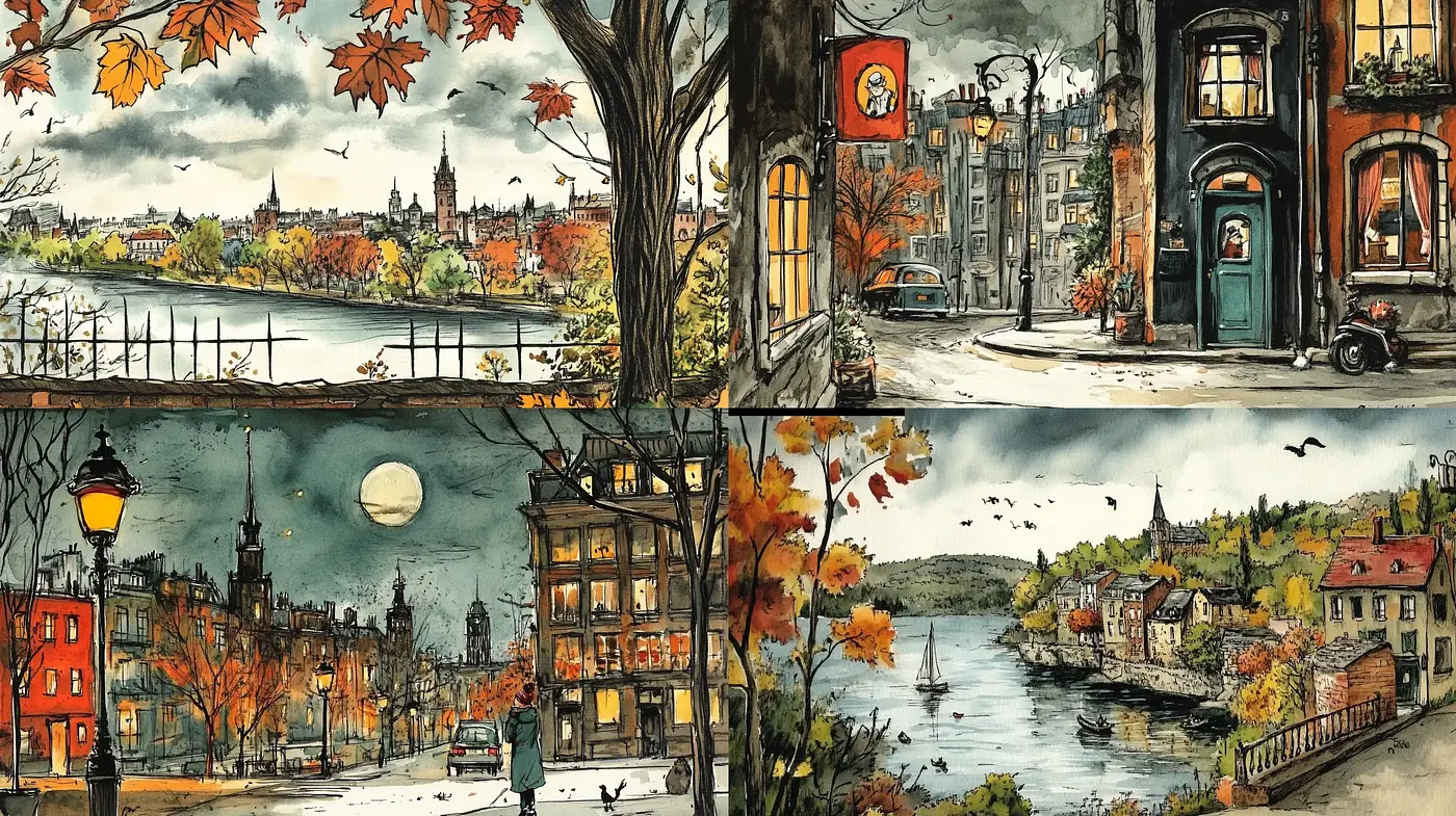 Autumnal Watercolor Idylls: A Homage to Serene Small-Town Charm - Midjourney sref style