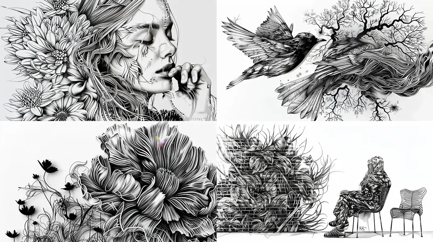 Monochromatic Botanical Essence with Expressive Lines - Midjourney sref style