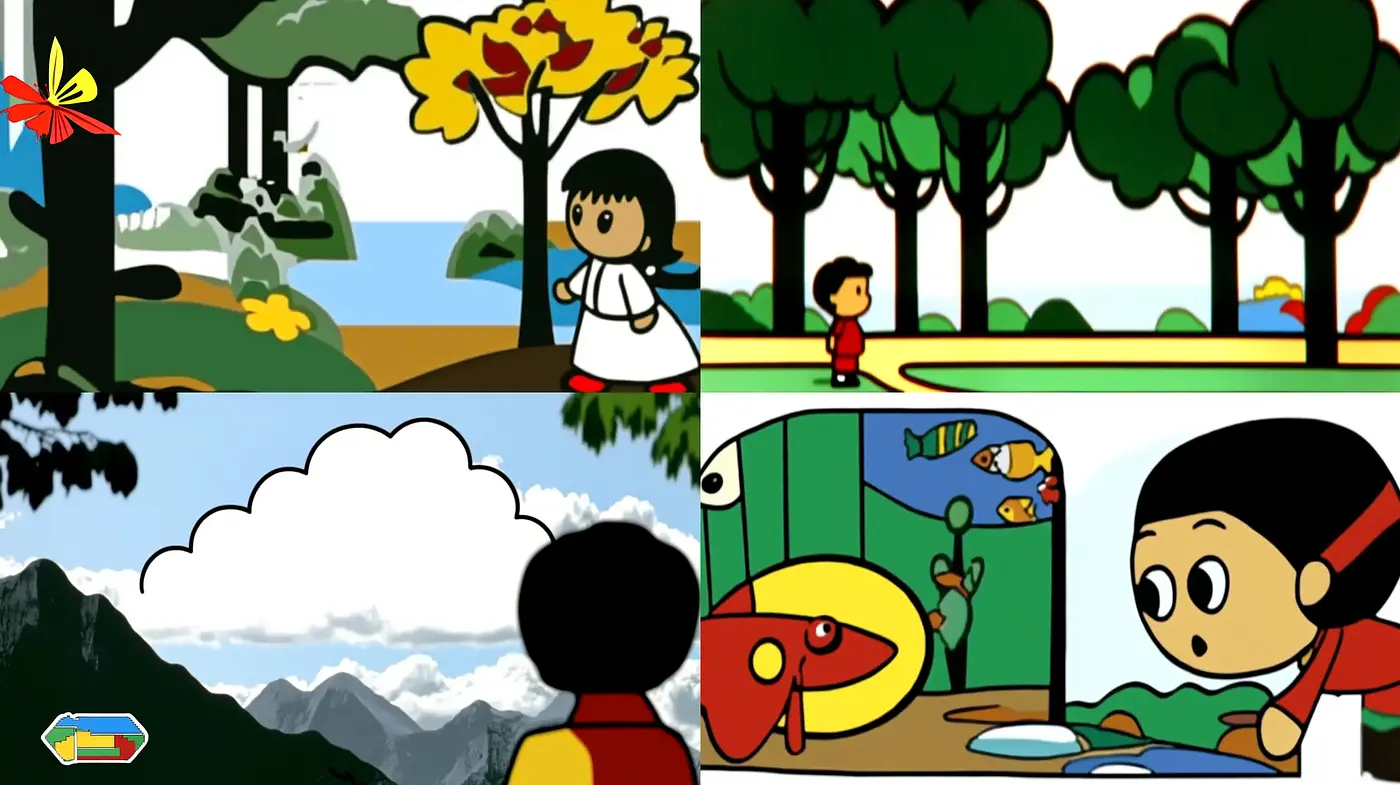 Bright and Playful Cartoon-Inspired Landscape and Character Vignettes - Midjourney sref style