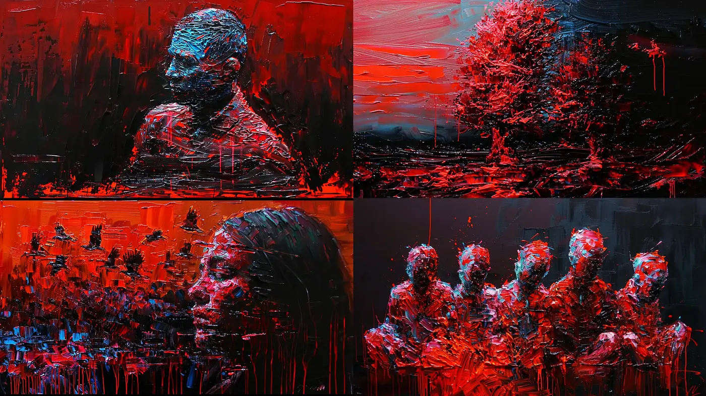 Dynamic Expressionist Brushwork with a Crimson Twilight Glow - Midjourney sref style