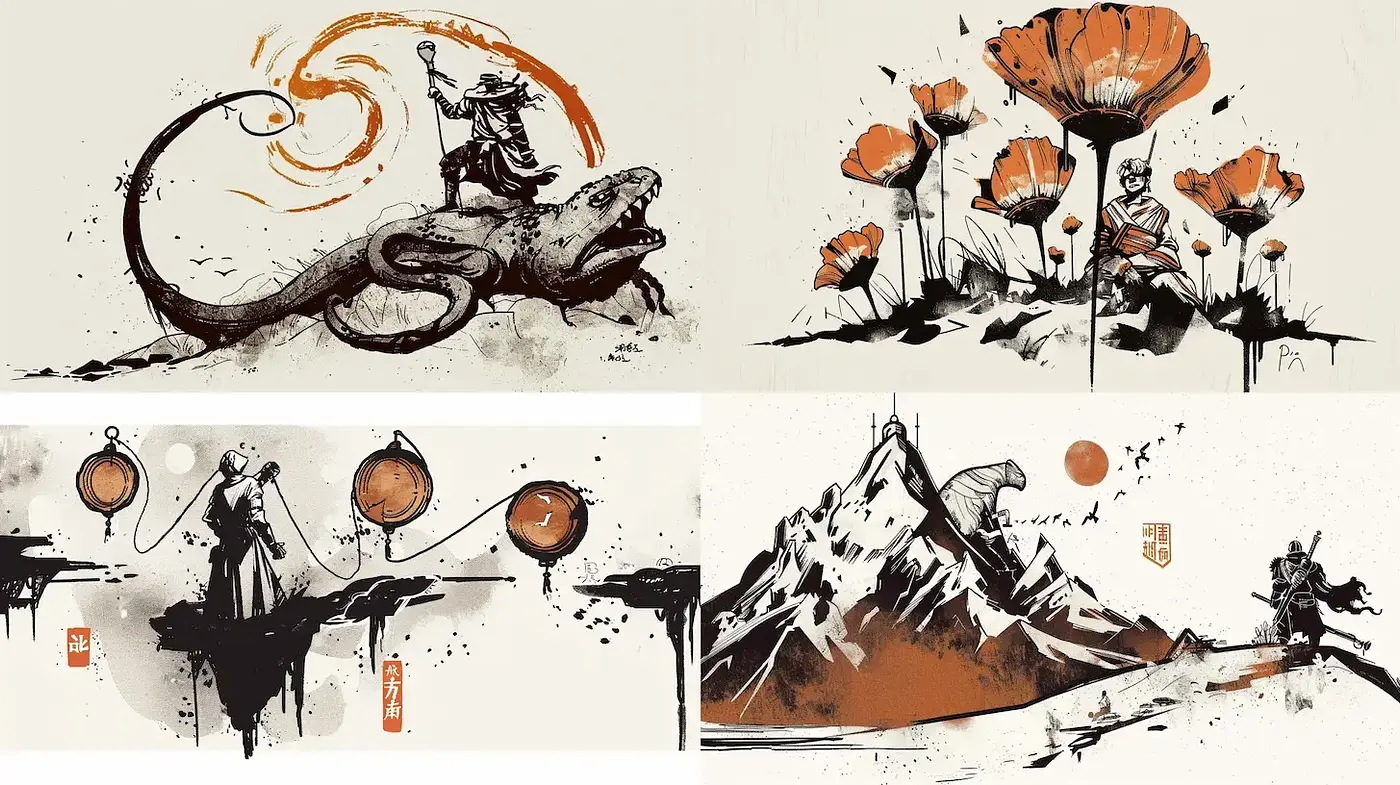 Ink and Wash Dreamscapes: A Fusion of Traditional Asian Techniques and Surreal Imagery - Midjourney sref style