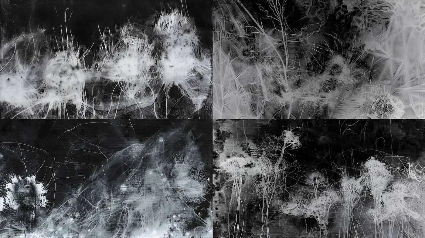 Abstract Monochromatic Exploration with Ethereal Textures - Midjourney sref style