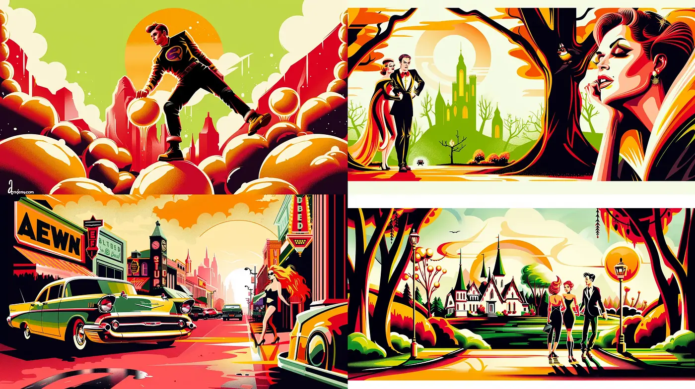 Sunset Hues and Bold Contours: A Nostalgic Homage to Vintage Comic Book Artistry - Midjourney sref style