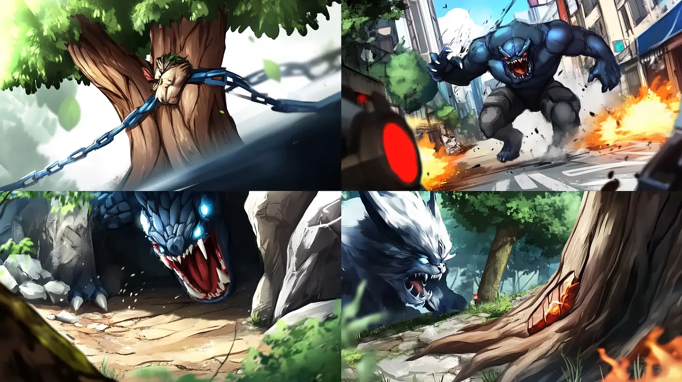 Dynamic Anime-Inspired Beast Encounters: Intensity and Kinetic Energy in Digital Brushwork - Midjourney sref style