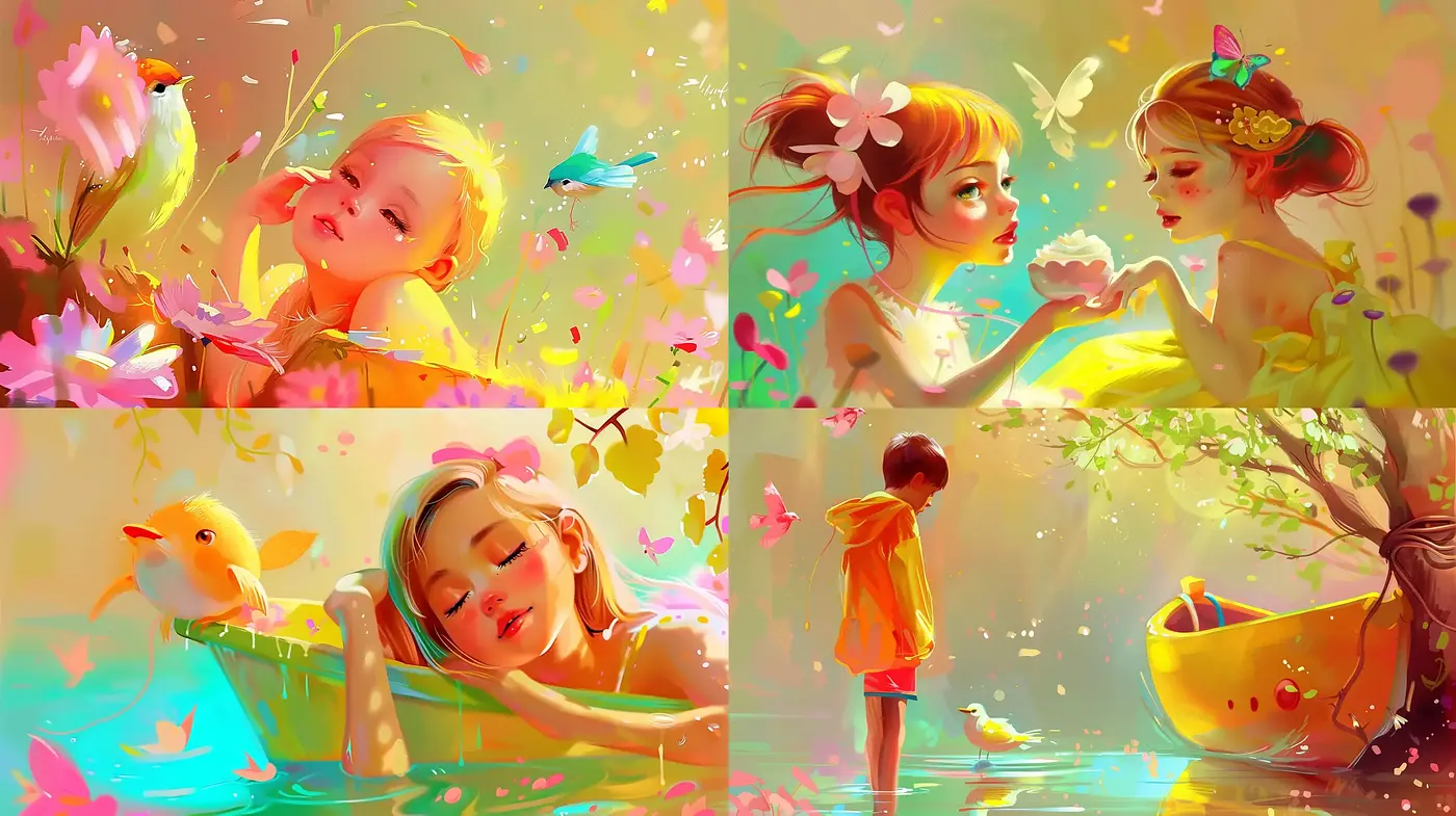 Whimsical Springtime Serenade in Radiant Hues - Midjourney sref style