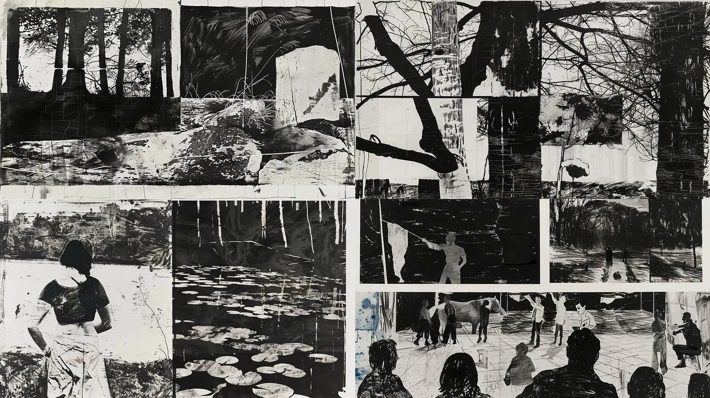 Monochromatic Symphony: The Essence of Ink and Shadow in Abstract Narratives - Midjourney sref style