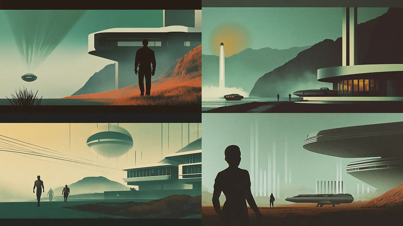 Retrofuturistic Vistas with Silhouetted Figures - Midjourney sref style