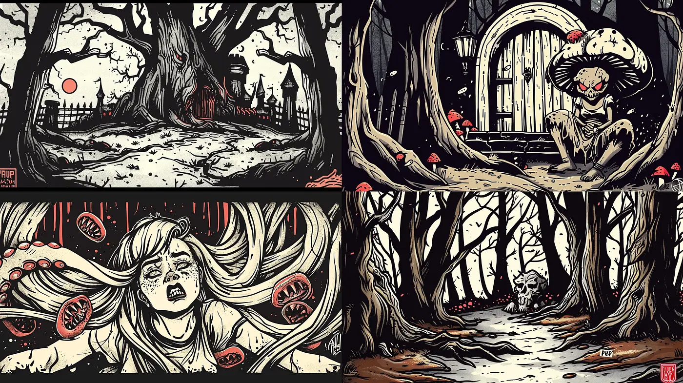 Eerie Twilight Tales: A Stylized Fusion of Gothic and Comic Book Aesthetics - Midjourney sref style