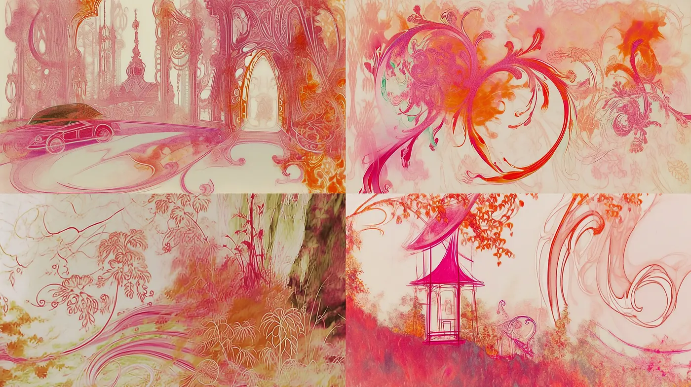 Whimsical Autumn Symphony: An Artistic Fusion of Organic Curves and Ethereal Tones - Midjourney sref style