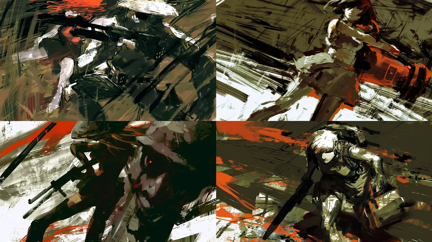 Dynamic Brushstroke Elegance in Monochrome with Red Accents - Midjourney sref style