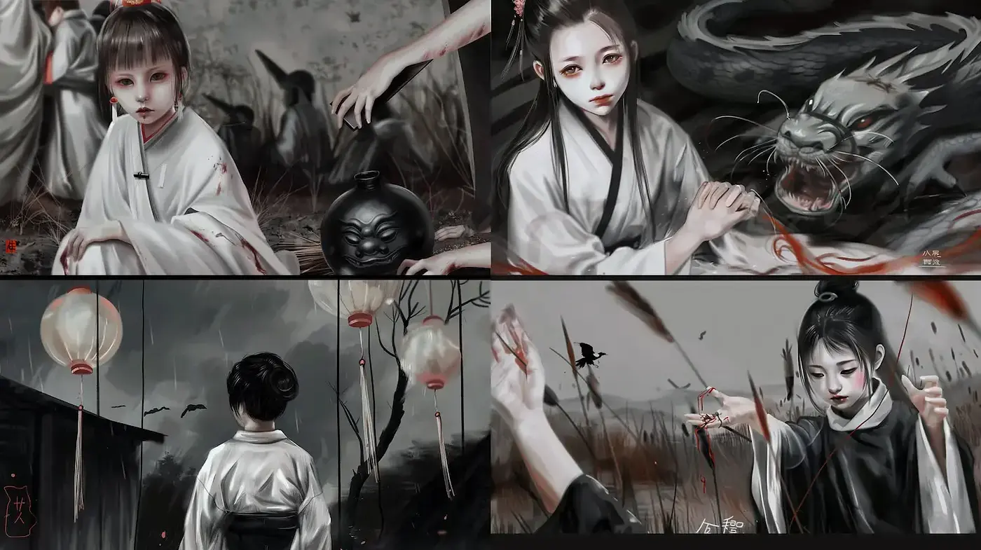 Ethereal and Darkly Enigmatic Aesthetic with a Touch of Eastern Mythology - Midjourney sref style