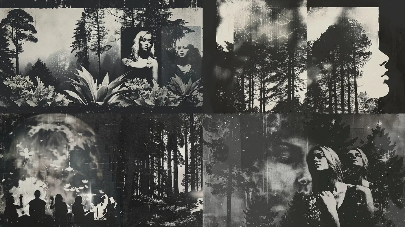Ethereal Monochromatic Dreamscape: A Fusion of Vintage Noir and Mystic Forest Imagery - Midjourney sref style