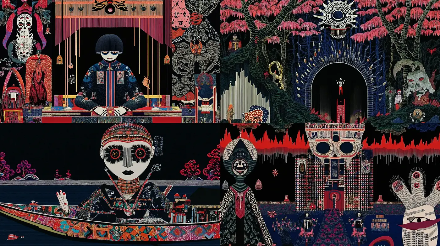 Enigmatic Fusion of Folk Artistry and Digital Complexities - Midjourney sref style
