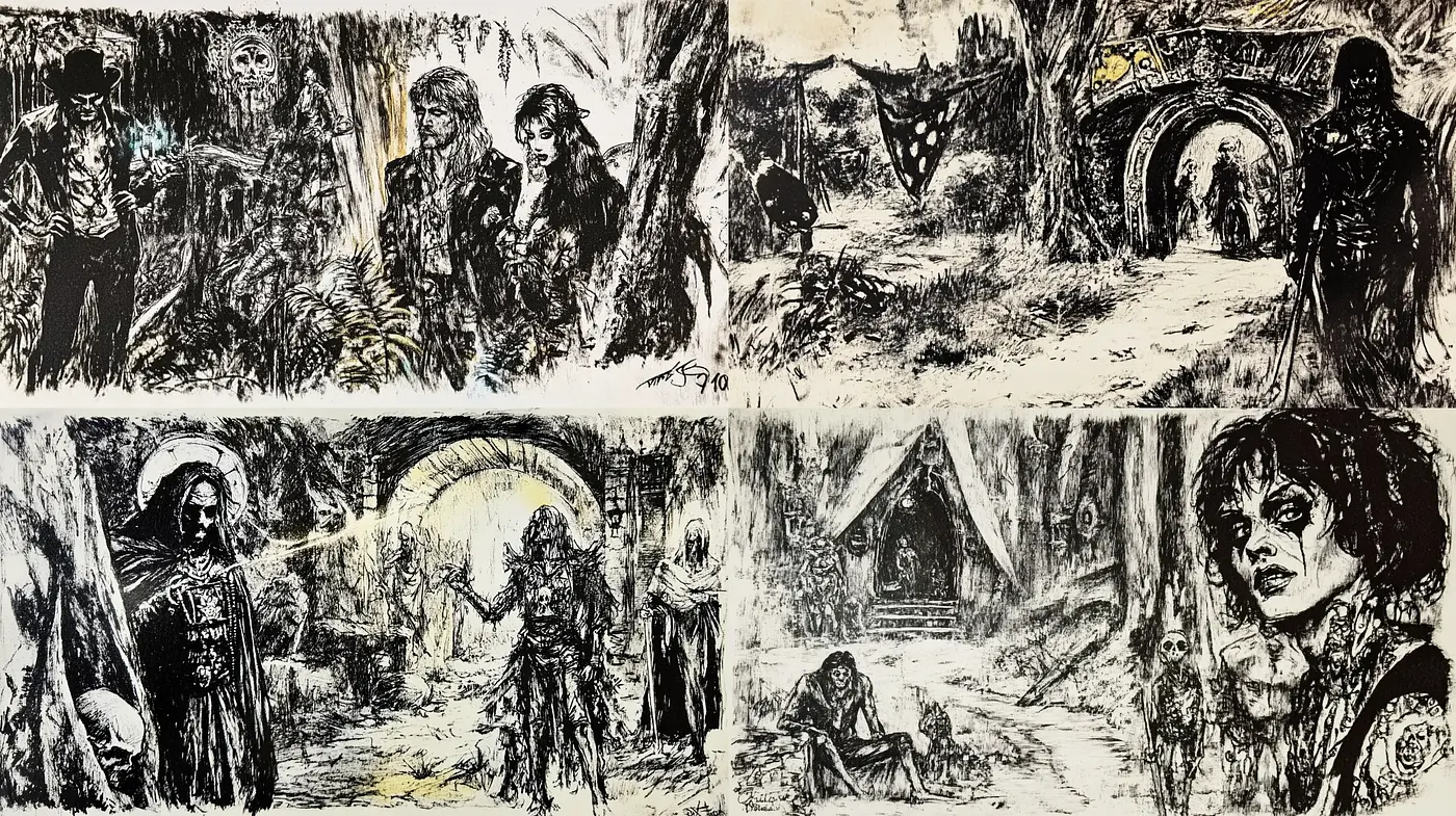 Ethereal Noir Sketches Amidst Enigmatic Landscapes - Midjourney sref style