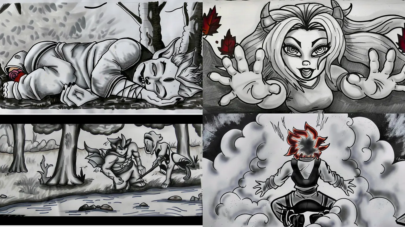Monochromatic Graphic Novel Artistry with a Dark Fantasy Undercurrent - Midjourney sref style