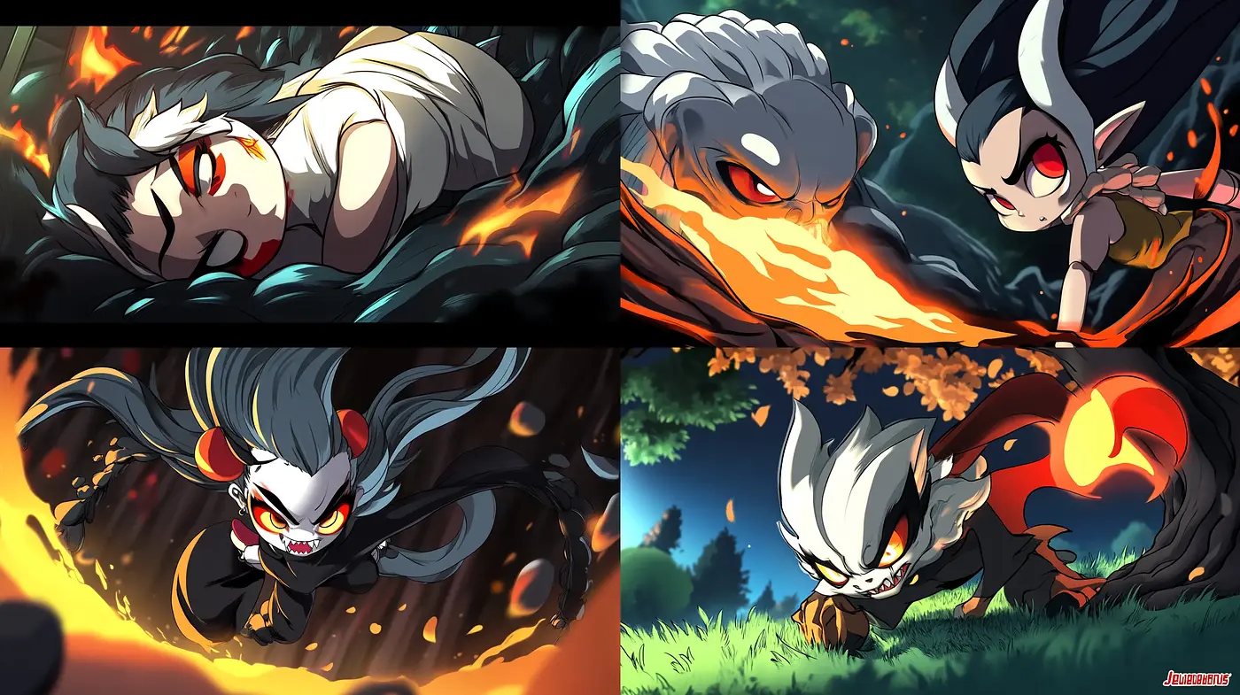 Dynamic Anime-Inspired Action Scenes with Vivid Fire Motifs - Midjourney sref style