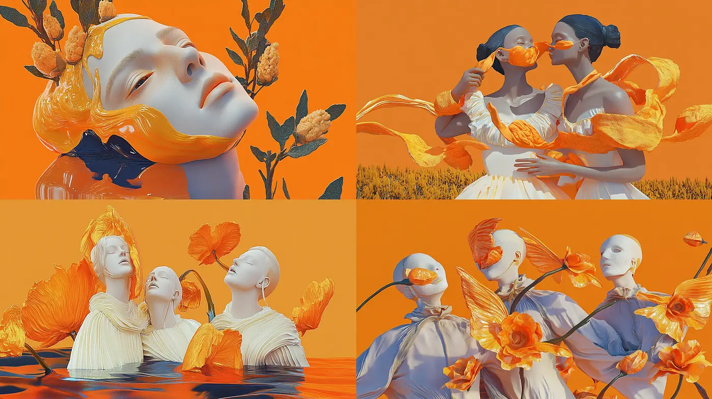 Luminous Tangerine Dreamscape with Surrealistic Harmony - Midjourney sref style