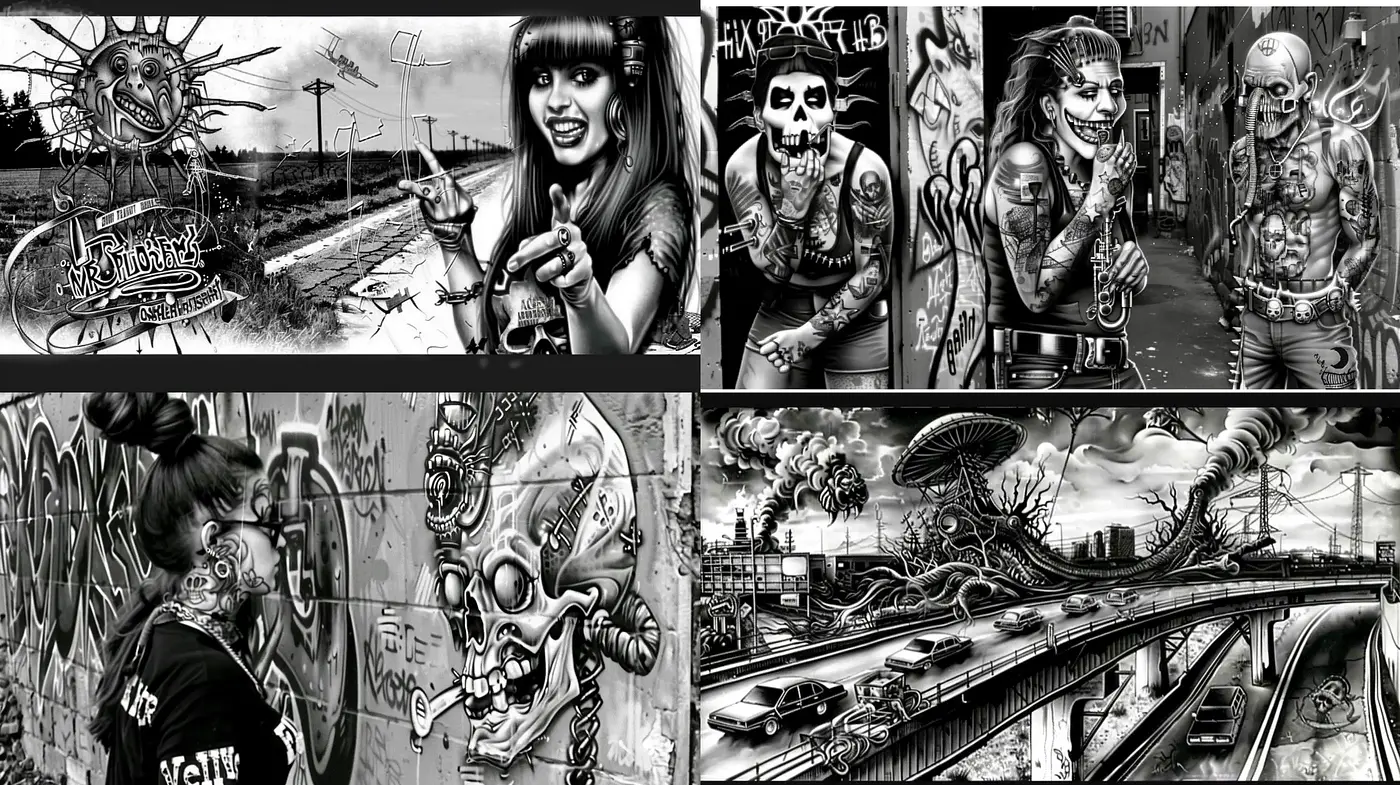 Monochromatic Urban Graffiti Fusion - Midjourney sref style