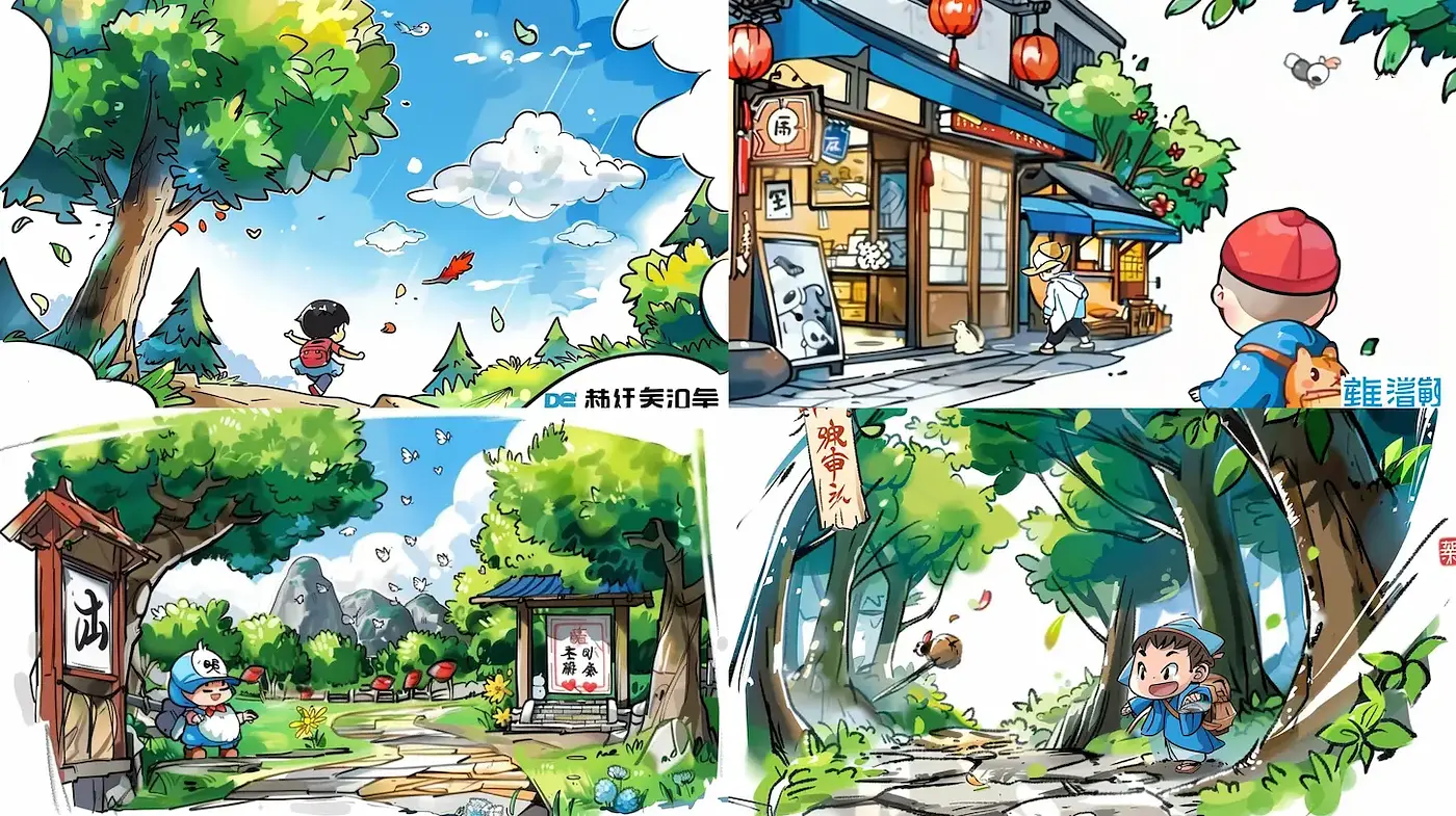 Whimsical and Lively Cartoon Landscapes with a Nostalgic Charm - Midjourney sref style