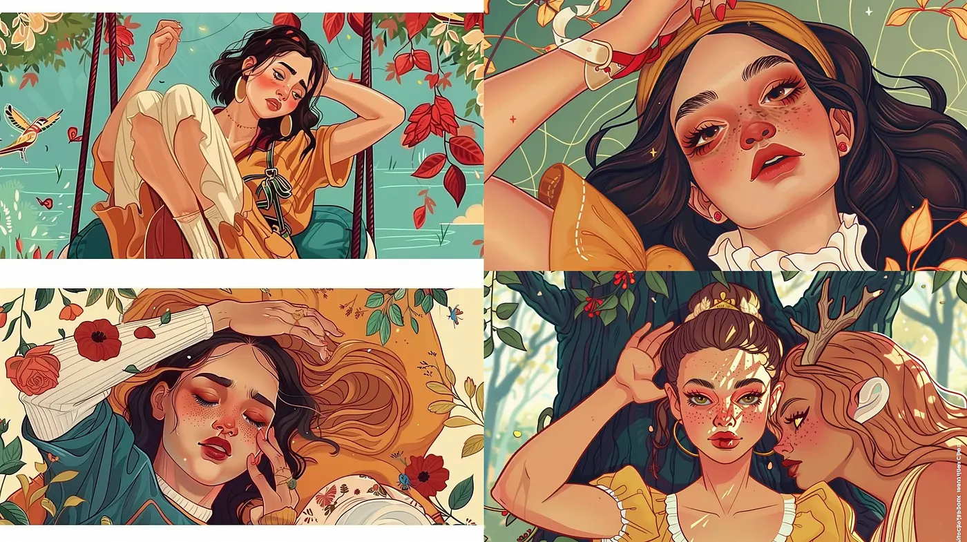 Enchanting Storybook Illustrations Merging Lush Nature and Whimsical Femininity - Midjourney sref style