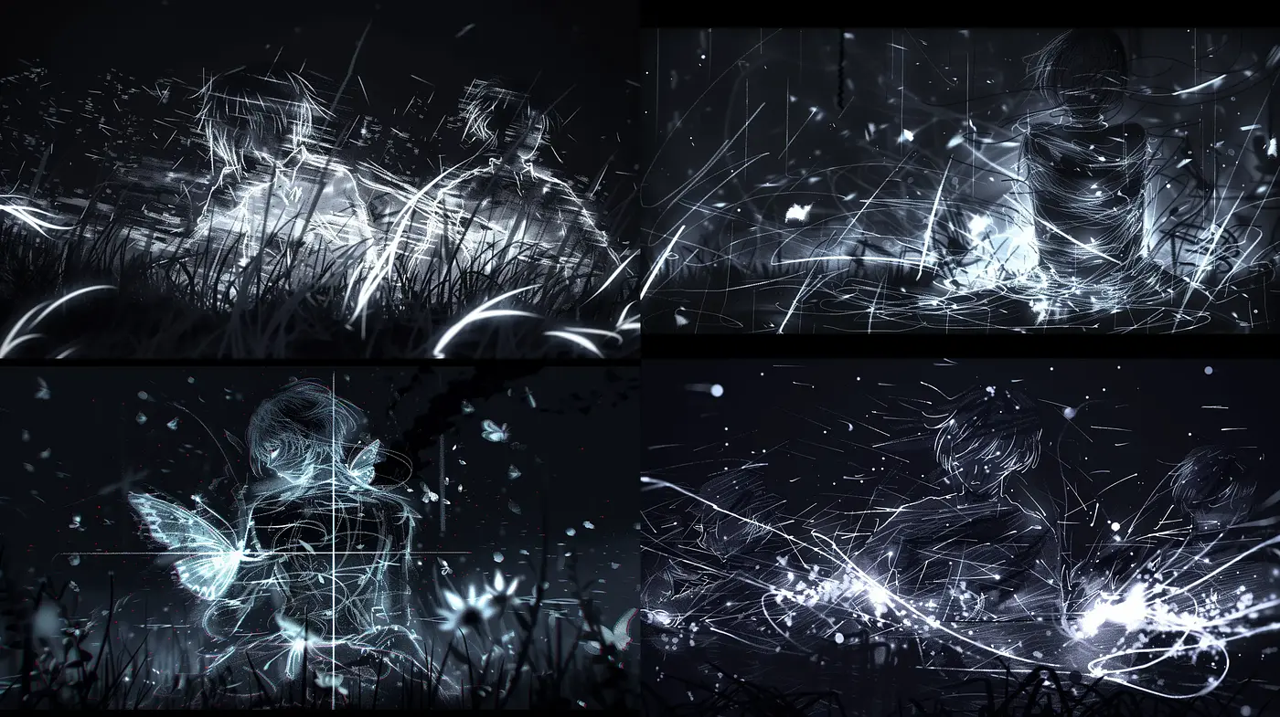 Ethereal Nocturnal Dreamscape with Luminous Sketch-like Elements - Midjourney sref style
