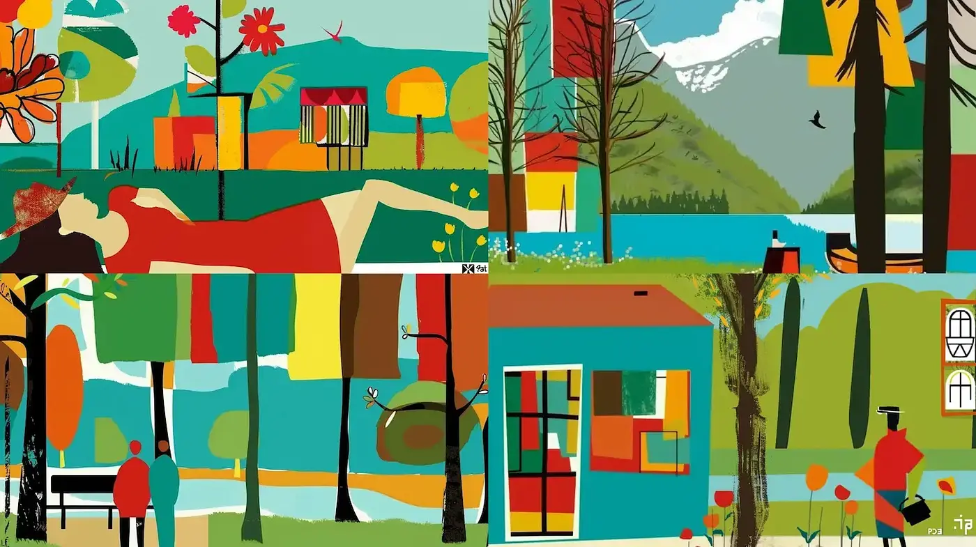 Colorful and Playful Landscape Illustrations with a Modern Touch - Midjourney sref style