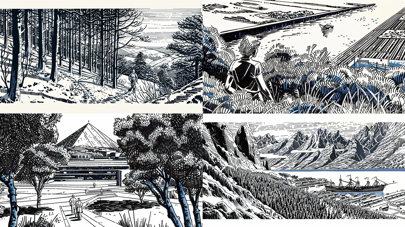 Monochromatic Linework Landscapes - Midjourney sref style