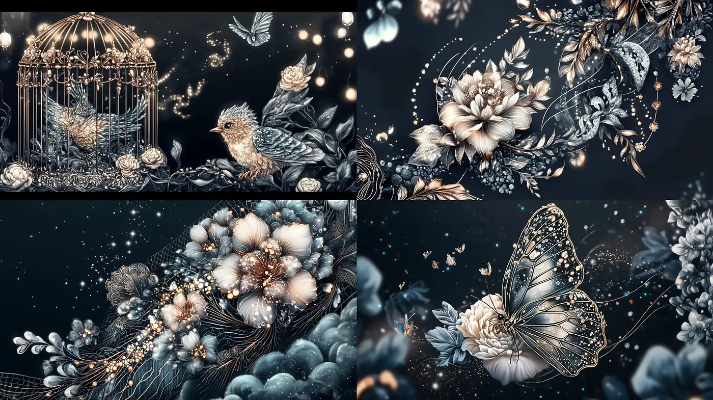 Ethereal Midnight Botanicals in a Monochromatic Dreamscape - Midjourney sref style