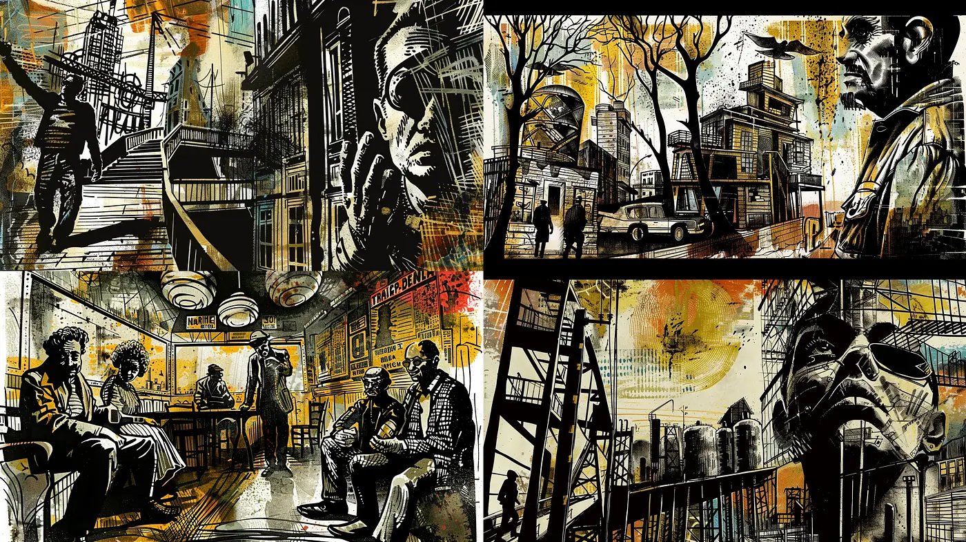 Noir-Inspired Graphic Novel Aesthetic with Homogeneous Textural Quality - Midjourney sref style